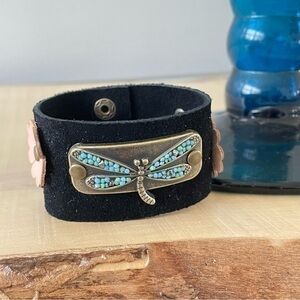 $49 SALE Handmade Beaded Dragonfly Soft Suede Black Cuff Bracelet Boho Men Women